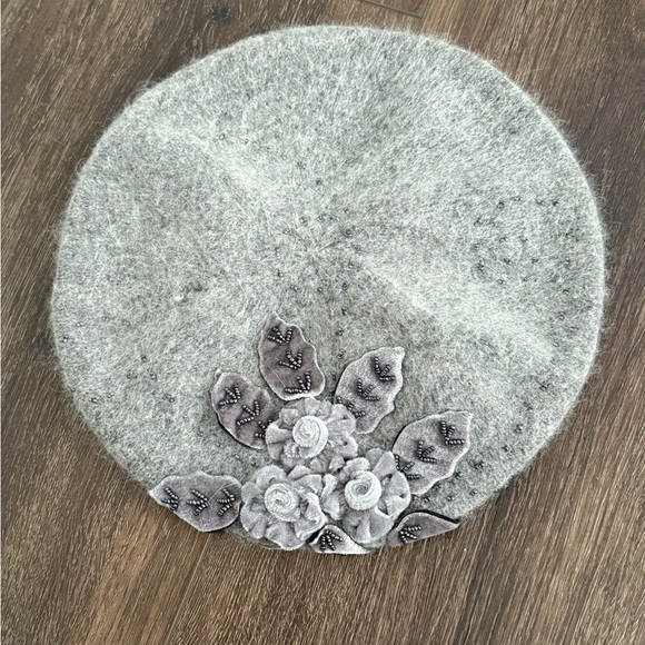 C.C Accessories - C.C Exclusives Gray Angora Wool Beret Floral Beaded Detail